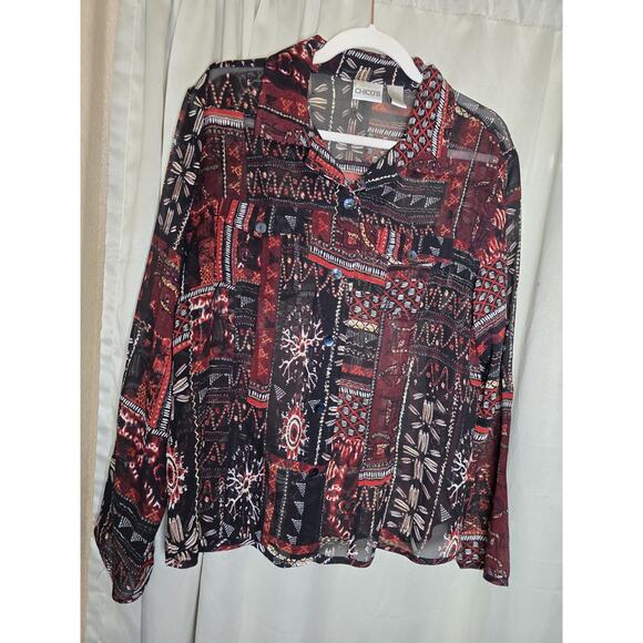 Chico's Silk Sheer Blouse Button Down- Red Black Tribal Print + Gold- Size 2 (L) - Picture 1 of 6